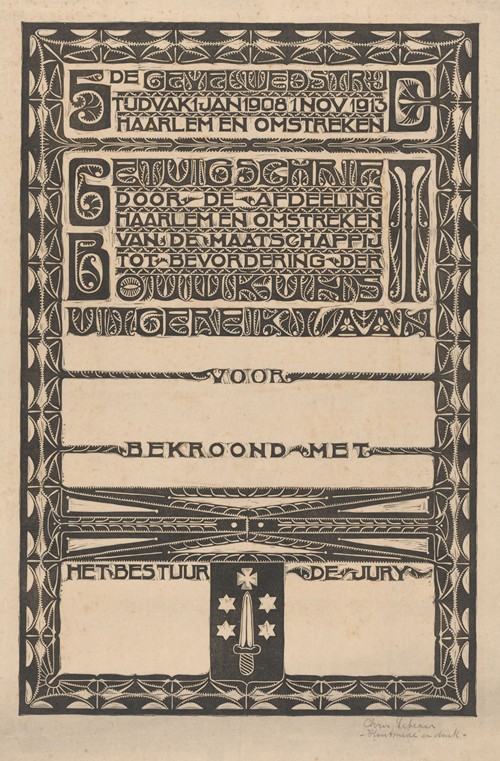 Diploma van de Maatschappij tot Bevordering der Bouwkunst voor een gevelwedstrijd
