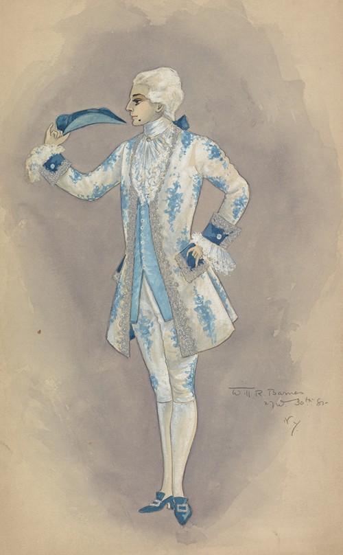 Man in white and light blue floral justacorps and breeches with light blue waistcoat (1912 - 1924)