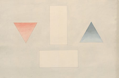 A red triangle pointing downwards, a blue triangle pointung upwards, and two floating rectangles