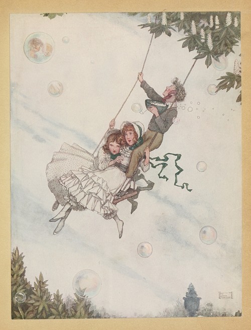 The swing moves and the bubbles fly upward with bright ever-changing colours