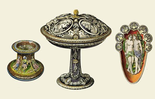 A Majolica Tazza designed by Julio Romano, a sauce-boat in Palissy-ware, a salt cellar in Henri-Deux ware
