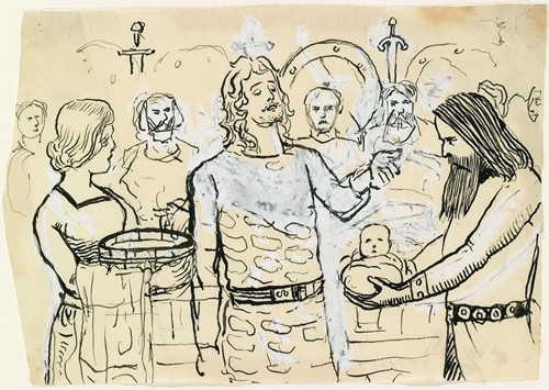 Forarbeid til illustrasjon til ‘Håkon den godes saga’ i Snorre Sturlason, Kongesagaer, Kristiania 1899