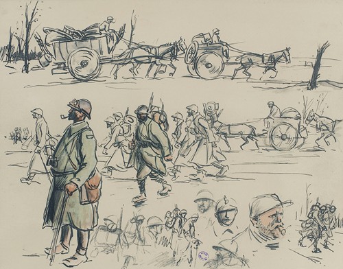 Croquis de soldats et d’attelages sur trois registres