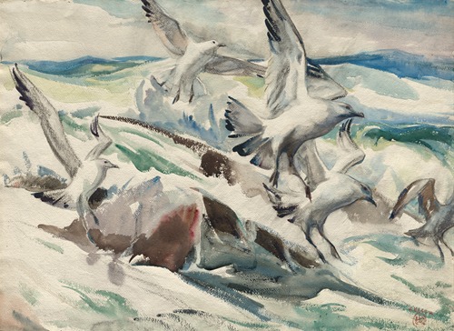 Vintage online Henry Keller Gulls Feeding Watercolor Painting 1927-1928