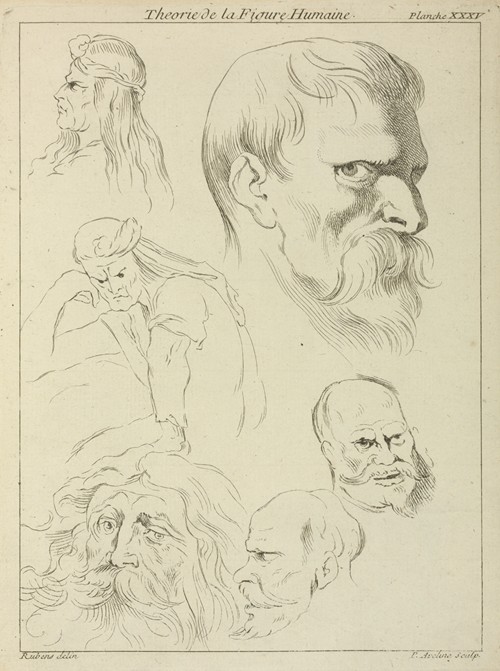 Five studies of men’s heads displaying various hair styles, beards and mustaches; one seated figure, half-length