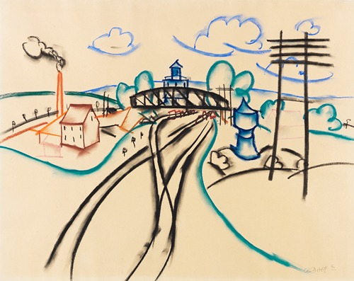 Landschaft mit Eisenbahnbrücke