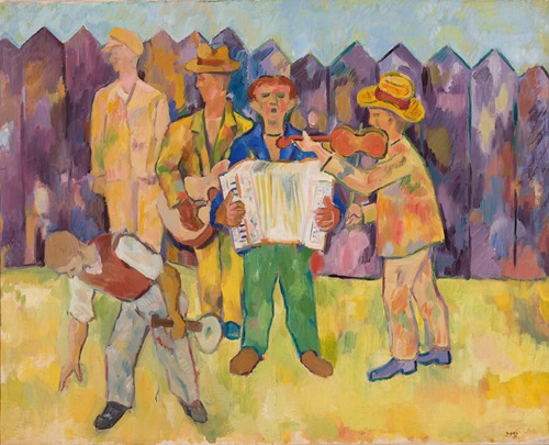 Musicians beside a violet fence