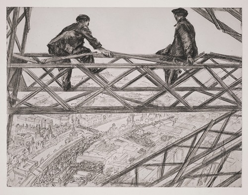 Fin du jour. (repos des ouvriers electriciens de la Tour Eiffel.)