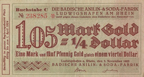 Badische Anilin & Soda-Fabrik 1.05 Mark Gold = 1:4 Dollar Gutschein