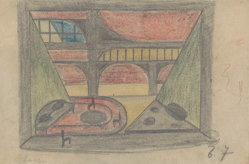 Le Lâche – maquette de décor – salle avec galerie, table et canapé, tableau 7