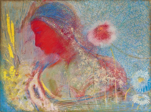 Tête de femme rouge, entourée d’une germination de fleurs