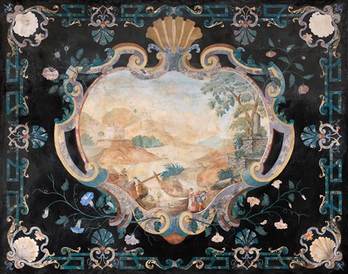 Black Scagliola Tabletop with a Landscape