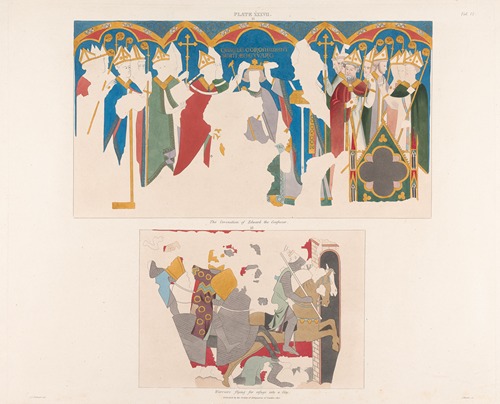 Vol. 6, Plate XXXVII: The Coronation of Edward the Confessor. Warriors Flying for Refuge into a City.