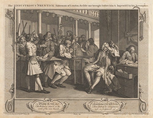 Plate 10, The Industrious ‘Prentice Alderman of London, The Idle One Brought Before him & Impeach’d by his Accomplice