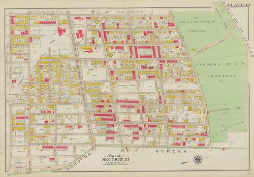Bounded by Logan Street, Jamaica Avenue (The Salem Fields Cemetery, Cypress Hills Cemetery, Maimonides Cem. Mt. Hope Cem.), Elderts Lane, Glen Street, Magenta Street, Drew Avenue & Glendorm Avenue