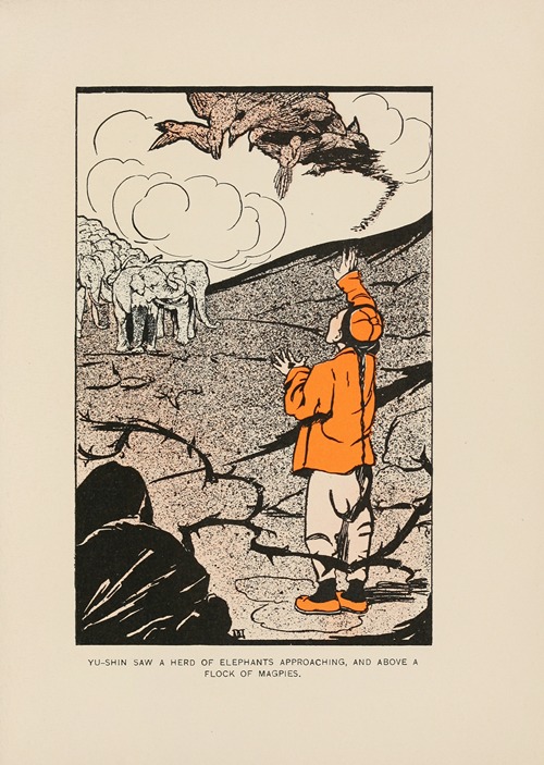 Yu-Shin saw a herd of elephants approaching, and above, a flock of magpies