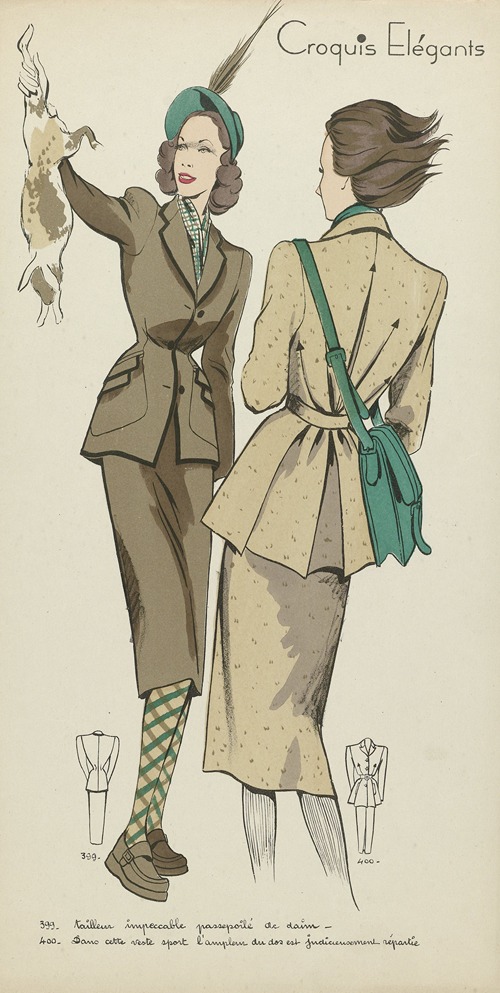 Croquis Elégants, ca. 1948, No. 399 en No. 400 ;Tailleur impeccabl