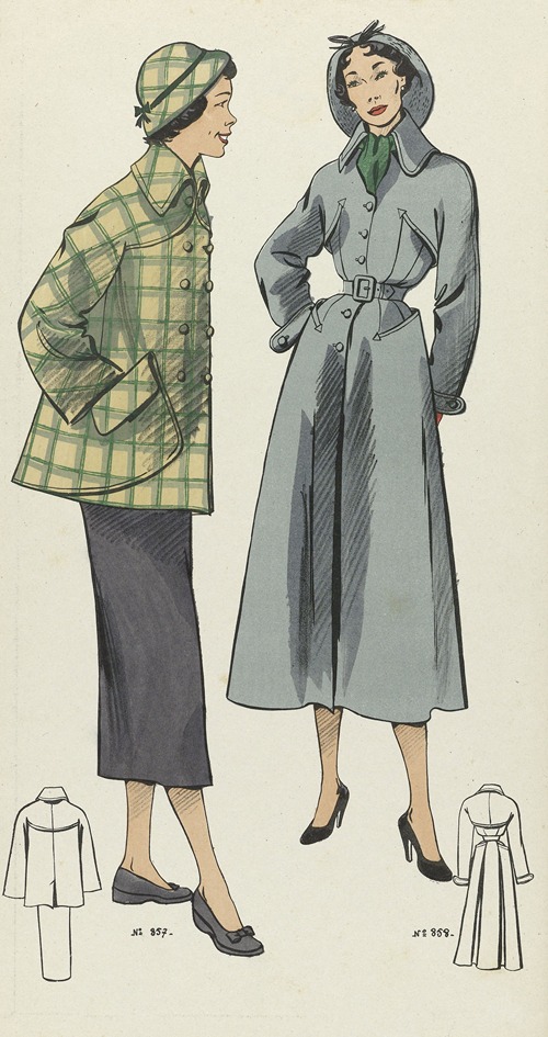 Mantelpak en lange grijze jas met capuchon, ca. 1948, No. 857 en No. 858