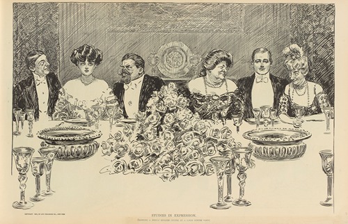 Studies in expression. Showing a newly engaged couple at a large dinner party