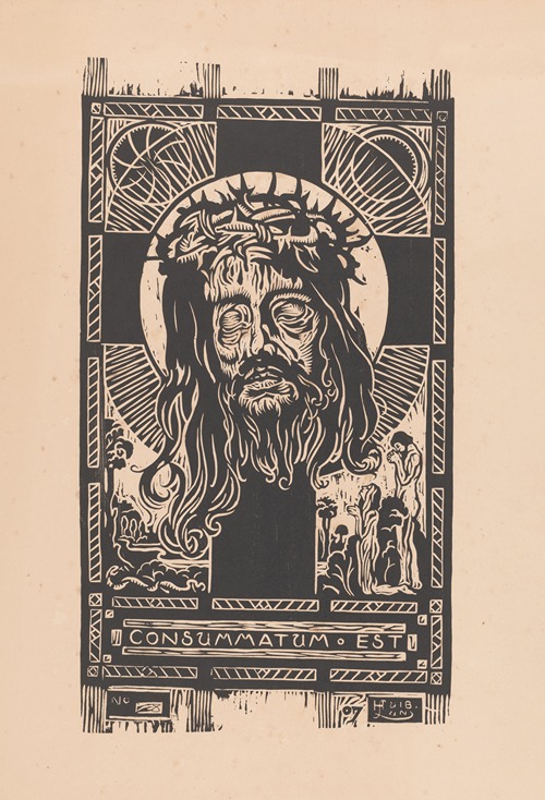Hoofd van Christus met doornkrans voor een kruis, aanbeden door een man en vrouw