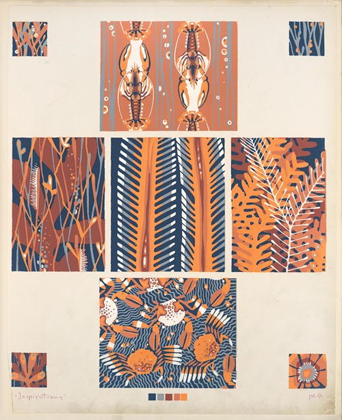 Nine compositions, incorporating marine plant forms and crustaceans