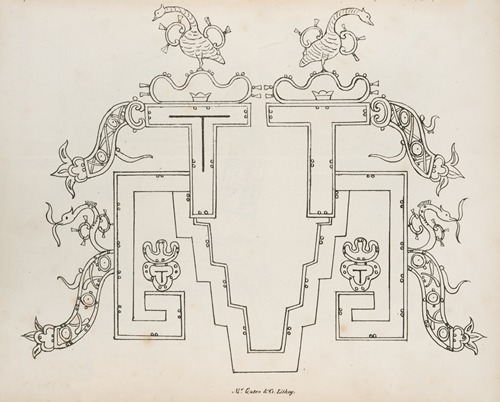 Architectural element decorated with birds and abstract designs