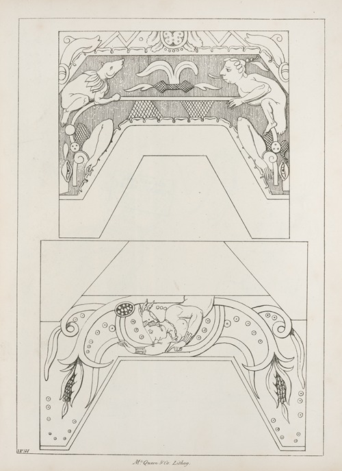 Architectural elements with figures, dogs, and corn