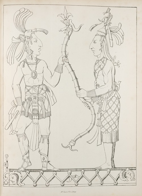 Two figures standing, facing each other and holding a long, serpentine object