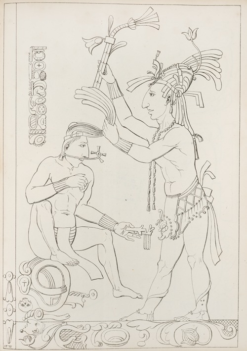Two figures, one seated and one standing, with tools and decorative elements