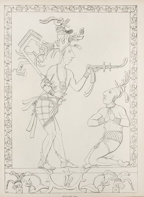 Two figures, one standing, one kneeling, with naturalistic border