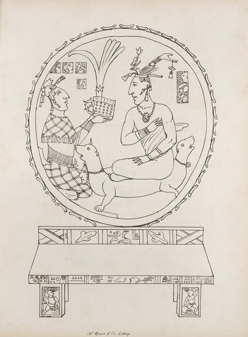 Two seated figures and two-headed dog within a circle