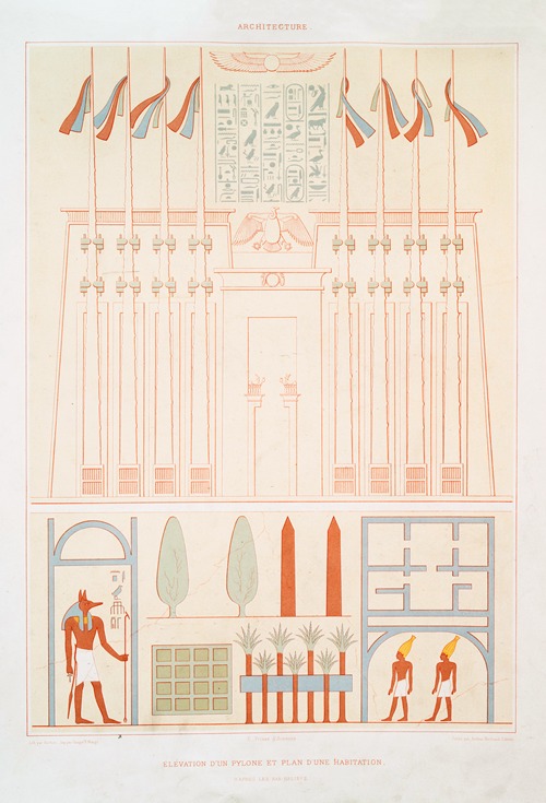 Architecture; élévation d’un pylone et plan d’une habitation, d’après le bas-reliefs