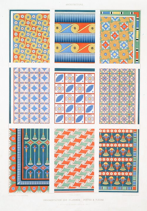 Architecture; ornementation des plafonds; postes et fleurs (nécropole de Thèbes — XVIIIe. à XXe. dyn.)