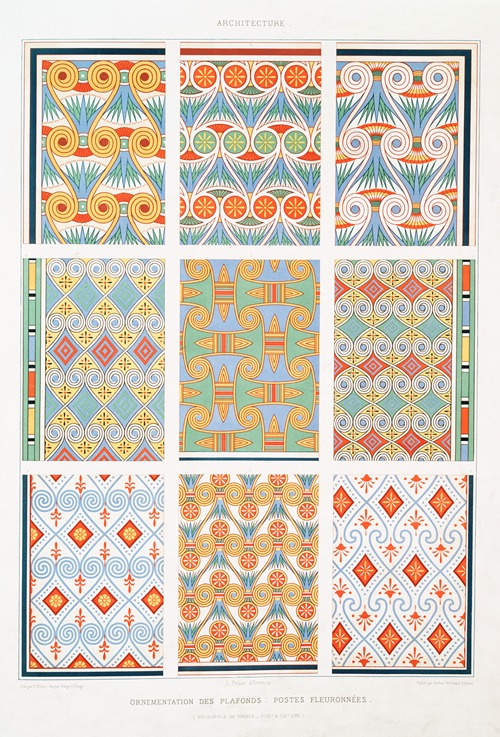 Architecture; ornementation des plafonds; postes fleuronnées (nécropole de Thèbes — XVIIIe. à XIXe. dyn.)