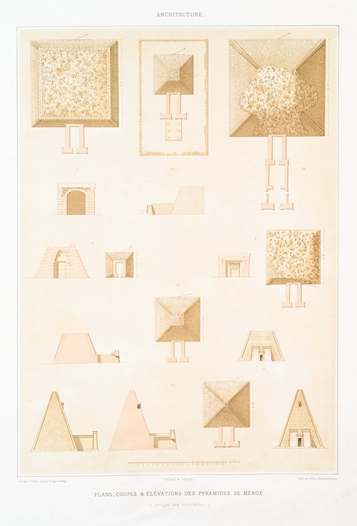Architecture; plans, coupes & élévations des pyramides de Méroé (époque des Ptolémées)