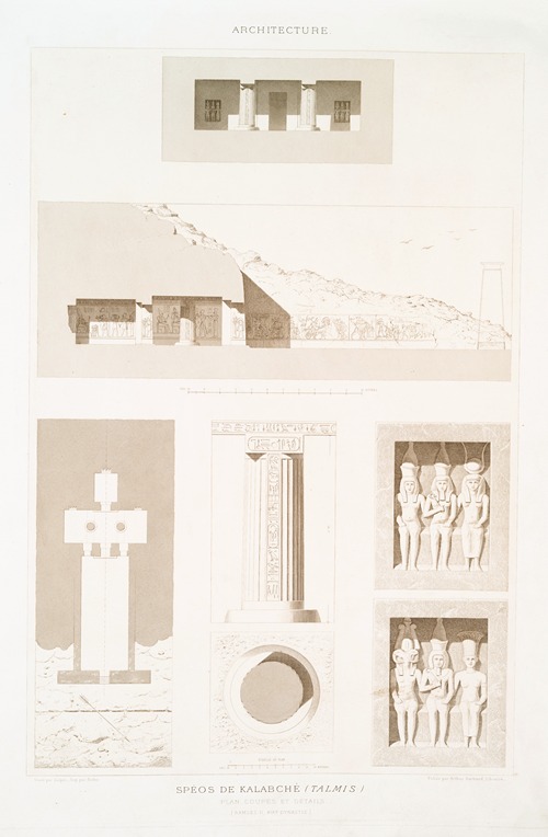 Architecture; spéos de Kalabché (Talmis) ; plan, coupes et détails (Ramsès II, XIXe. dynastie)