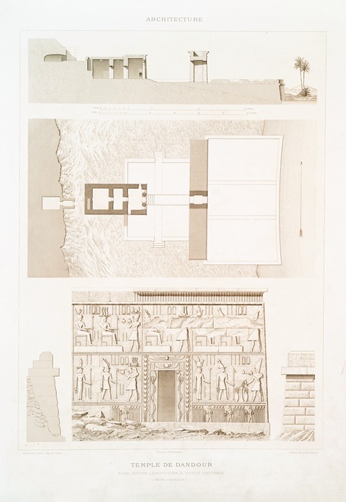 Architecture; Temple de Dandour ; plan, coupe longitudinale, porte latérale (règne d’Auguste)