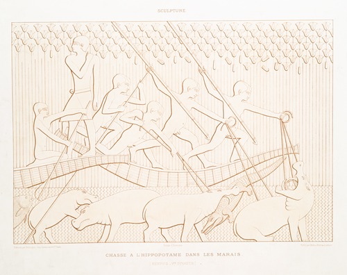 Dessin; chasse à ‘hippopotame dans les marais (Memphis — VIe. dynastie)