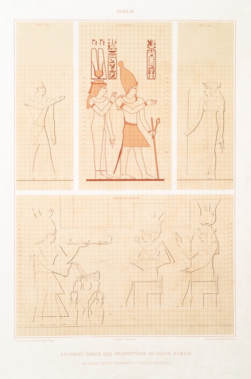 Dessin; nouveau canon des proportions du corps humain, en usage depuis Psammetik 1er. jusqu’à Caracalla