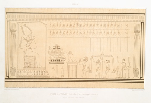 Dessin; pesée & jugement de l’âme au tribunal d’Osiris (rituel funéraire — XVIIIe. dynastie)