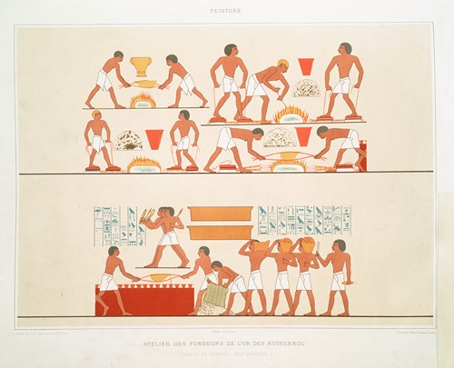 Peinture; atelier des fondeurs de l’or des rothennou (Temple de Karnac — XVIIIe. dynastie)
