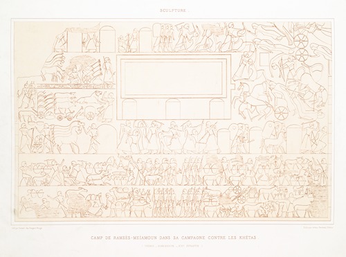 Sculpture; camp de Ramsès-Meïamoun dans sa campagne contre les Khétas (Thèbes — Ramesseum — XIXe. dynastie)