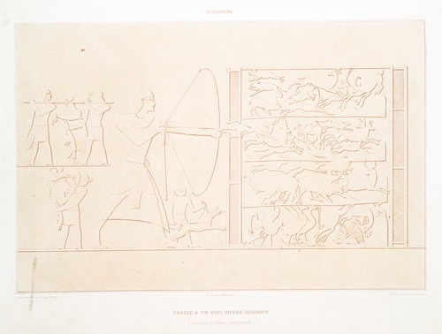 Sculpture; chasse à tir avec chiens courants (nécropole de Thèbes — XVIIIe. dynastie)