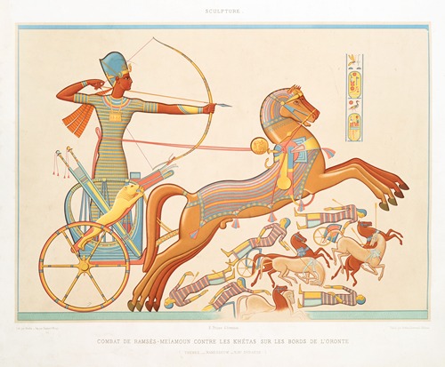 Sculpture; combat de Ramsès-Meïamoun contre les Khétas sur les bords de l’Oronte (Thèbes — Ramesseum — XIXe. dynastie)