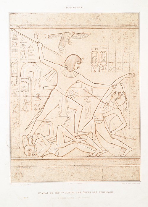 Sculpture; combat de Séti 1er. contre les chefs des Téhennou (Thèbes — Karnac — XIXe. dynastie)