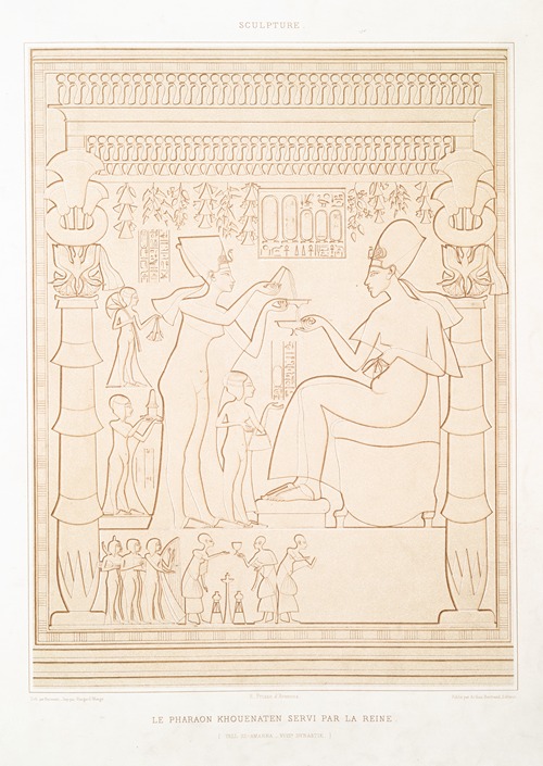Sculpture; le pharaon Khouenaten servi par la reine (Tell al-Amarna — XVIIIe. dynastie)