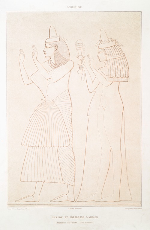 Sculpture; scribe et prêtresse d’Ammon (nécropole de Thèbes — XVIIIe. dynastie)