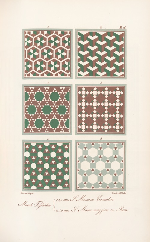 Mosaik Fussböden, 1, 2, 3 aus S. Maria in Cosmedin, 4, 5, 6 aus S. Maria maggiore zu Rom