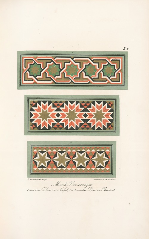 Mosaik-Verzierungen, 1 aus den Dom zu Neapel, 2 u. 3 aus dem Dom zu Benevent