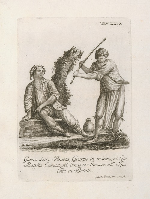 Giuoco della Pentola; Gruppo in marmo, di Gio. Batista Capezzoli, lungo lo Stradone all’Isolotto in Bololi.